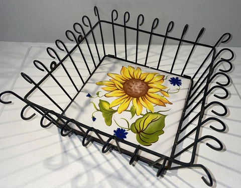 Vintage Metal Basket with Sunflower Tile Base Summer Napkin Holder Caddy Cover