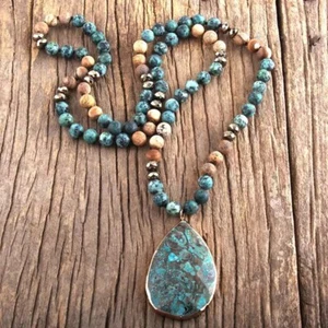 Turquoise & Brown 34” Stone Beaded Chain, Druzy Edge, Boho Festival Necklace NEW - Picture 1 of 6