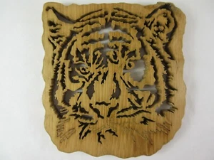 Tiger Wall Plaque Wood Pine Finished Scrolled Handmade 9.5 Inch OOAK USA - Picture 1 of 6