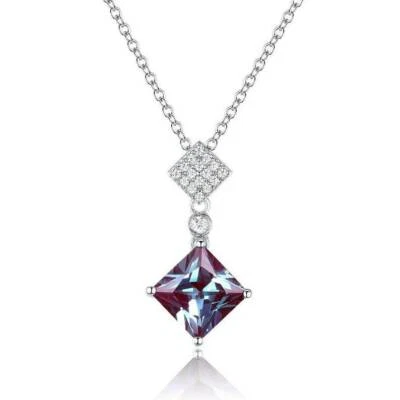 Princess Cut Alexandrite Necklace June Birthstone Color Changing Silver Pendant - Image 1 of 4