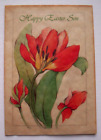 Red tulips To Son vintage Easter greeting cards *JJ13