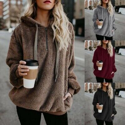 Fashion Ladies Hooded Pullover Fluffy Fleece Jumper Coat Winter Warm Sweater Top • 18.52€