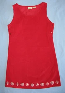 L.L. Bean Red Corduroy Jumper Dress White Snowflakes Cotton Girls Size 8 EUC - Picture 1 of 9