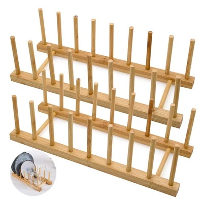 Juego de 2 estantes para platos de madera de bambú soporte para olla tapa soporte gabinete de cocina Foto 1 de 4