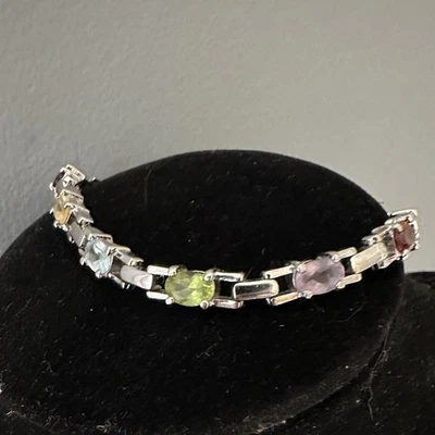 Pulsera de ley amatista granate topacio peridoto piedras preciosas 7,25 pulgadas plata 925 Foto 1 de 4