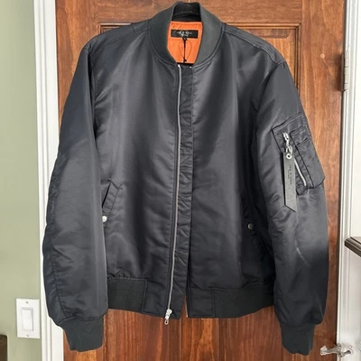 RAG & BONE Bomber Jacket Mens Large Black Zip Up Recycled Nylon MANSTON $595 - Image 1 of 4