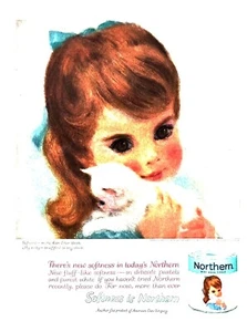 1961 NORTHERN BATH TISSUE Large Vintage Print Ad Toilet Paper Cute Girl Kitten - Picture 1 of 1