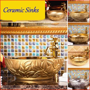 Juego de grifos mezcladores lavabo lavabo de cerámica oro mostrador lavabo redondo lavabo - Imagen 1 de 26