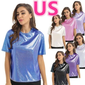T-shirt donna lucida metallizzata olografica festa scintillante scintillante discoteca - Foto 1 di 98