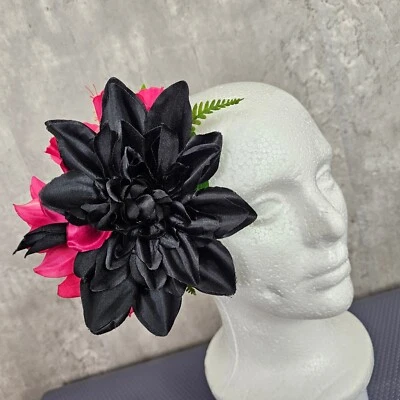Handmade Black Pink Dahlias Hair Flower Fascinator Clip Tiki VLV Gothic Pinup - Image 1 of 4