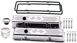 BILLET SPECIALTIES POLISHED TALL VALVE COVERS,CROSS FLAGS,BREATHER,CAP,ACN,SBC - Picture 1 of 1