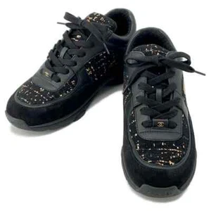 CHANEL CC Logo Sneakers Size 39 Tweed/Suede/Leather Black/Gold G34360 - Picture 1 of 17