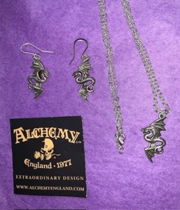 Dragon Pendant & Earrings Pewter Set Alchemy Gothic Necklace Flight of Airus NEW - Picture 1 of 7