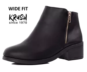 Ladies WIDE Fit New Black Low Heels New Boots Womens Zip Casual Shoes UK Size 8 - Picture 1 of 14