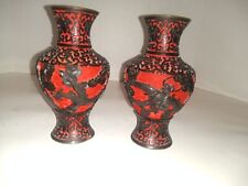 Pair Of Cinnabar Vases 20th China Hand Carved bronze  5.5in Stunning!