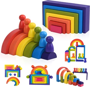 Wooden Toys Rainbow Stacking Blocks-Montessori Toys Building Blocks for Toddler - Picture 1 of 6
