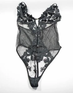 Victoria Secret Black Floral Applique Sheer Mesh Bodysuit Thong Teddy Sz S - Picture 1 of 4