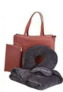 Samantha Brown Luggage Neck Pillow Blanket Mask Travel Tote ~ Dusty Rose /Gray - Picture 1 of 9