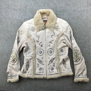 Cripple Creek Leather Jacket Womens XL Beige Faux Fur Trim Rhinestone Western - Picture 1 of 14