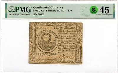 Continental Currency Fr#CC-62 February 26, 1777 $30 PMG XF-45 GCC *Baltimore* - Image 1 of 3
