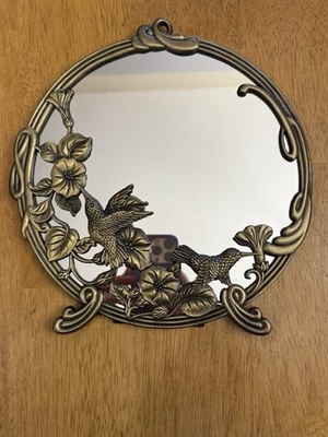 VTG Hummingbirds Bird Flowers Brass Metal Standing Mirror Round 9” Andrea Sadek - Image 1 of 4