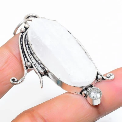 Selenite, Bianco Topazio Gemma Argento Sterling 925 Ciondolo Gioielli 6.5cm - Immagine 1 di 4