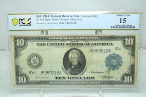 1914 $10 Federal Reserve Note Kansas City Fr#940 PCGS 15 #0916 - Picture 1 of 2