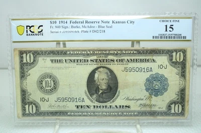 1914 $10 Federal Reserve Note Kansas City Fr#940 PCGS 15 #0916 - Image 1 of 2