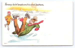c1910 fumetto edoardiano pattinaggio su ghiaccio incidente stagno autunno cartolina inverno scena umorismo - Foto 1 di 4