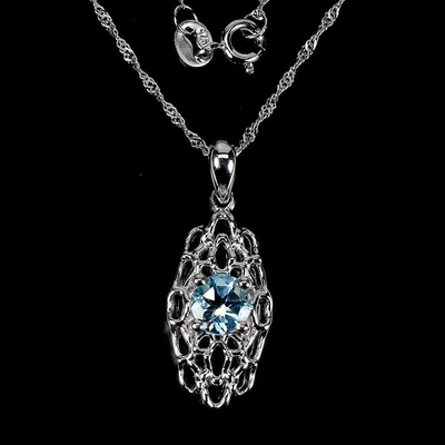 925 Collana Argento Rotondo Topazio Blu Cielo 6mm Pietra Preziosi Gioielli - Immagine 1 di 4