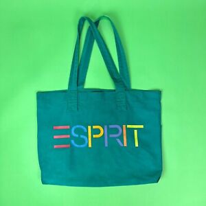 Vintage 90s Esprit Teal Canvas Tote Bag with Rainbow Spell Out Logo 90s Book Bag