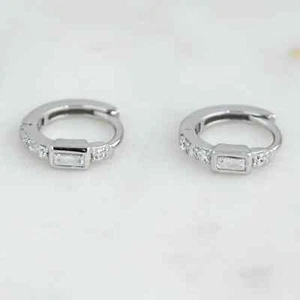 14k White Gold 0.40Ct Baguette Cut Natural Diamond Dainty Gift Huggies Earrings - Picture 1 of 11