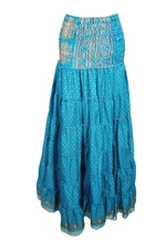Boho Gypsy Hippy Blue Maxi Skirt Floral Printed Recycled Sari Ruched Skirts S/M