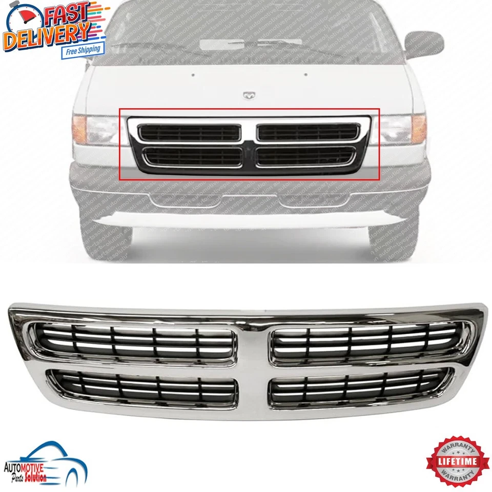 NEW FRONT GRILLE BLACK AND CHROME PLASTIC FOR 1999-2003 DODGE RAM 1500 2500 VAN - Image 1 of 4