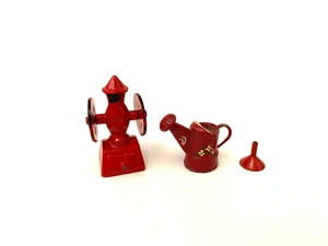 Vintage Miniature Dollhouse Red Metal Coffee grinder, Funnel, and Water can lot - Picture 1 of 7