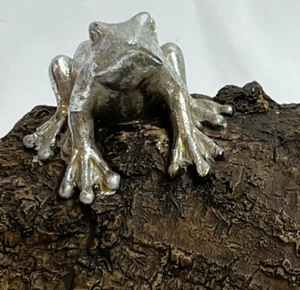 Rana d'argento su tronco, bacia il principe rana, giardini delle fate, casetta natura kitsch - Foto 1 di 9