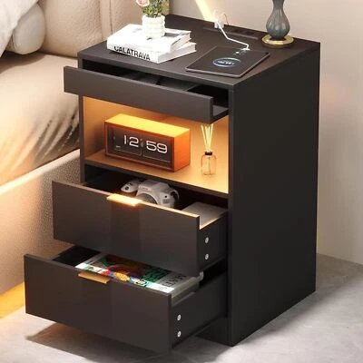 Night Stand With Gun Drawer & Invisible Lock Bedside Table Led Nightstand With C - Image 1 of 4
