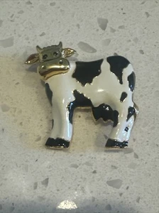 Broche vintage Holstein vache émaillée noir blanc ton or neuve ancien stock - Photo 1/2
