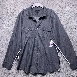 INC Shirt Mens XXL 2XL Pearl Snap Chambray Black Wash Contrast Stripe Button Up - Picture 1 of 8