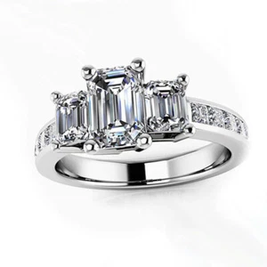 3 Ct Emerald Cut Diamond Three-Stone Engagement Wedding Ring 14K White Gold Over - Picture 1 of 7