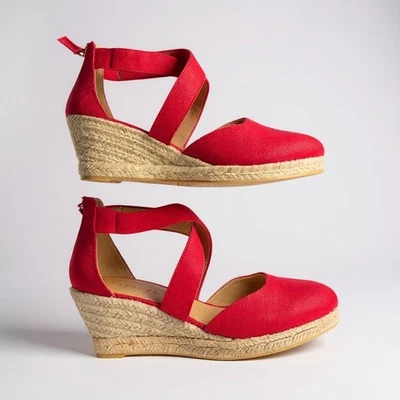 Sandálias anabela Talbots espadrille vermelha feminina tamanho 8 alça no tornozelo fecho com zíper - Imagem 1 de 4