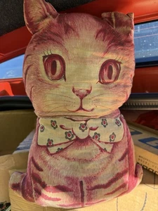 Vintage Charlie The Kitten Pink Red Tabby Cat Cut N Sew Finished Pillow 1960s - Picture 1 of 3