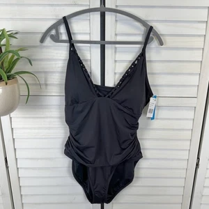 New Bleu Rod Beattie Black Pulling Strings One Piece Swimsuit Ruched Size 14 - Picture 1 of 10