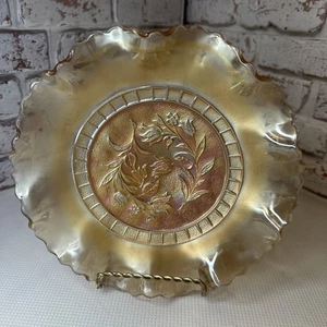 NICE VINTAGE DUGAN MARIGOLD Carnival Glass WILDFLOWER 8” Ruffled Bowl - Picture 1 of 9