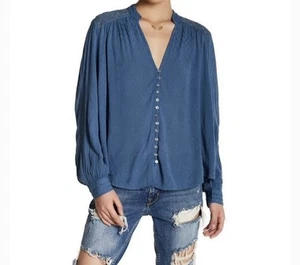Free People Blue Canyon Rose Long Sleeve Button Front Shirt Top in Blue Sz L - Picture 1 of 9