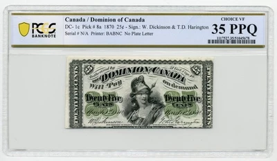 1870 Dominion of Canada 25 Cents, DC-1c, Shinplaster - Choice VF, PCGS VF35 PPQ - Image 1 of 2