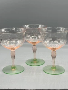 3 Vintage Depression Weston Diamond Optic Pink/Green Champagne Glasses - Picture 1 of 9