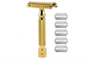 DOUBLE EDGE SAFETY RAZOR FOR MEN'S BEARD + 5 SHAVING BLADES GOLD - Picture 1 of 6