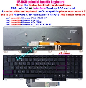 Backlit US Keyboard For Dell Alienware 17 R4 17 R5 P31E NSK-EE1BC 01 PK1326T1B00 - Picture 1 of 4