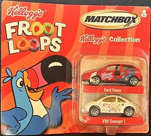 MATCHBOX KELLOGG'S FROOT LOOPS 2 Diecast Cars 2001 VW Bug + Ford Focus on Card! - Picture 1 of 3